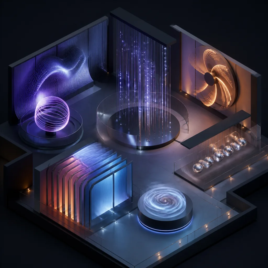 Isometric 3D stage with abstract moving parts for Motion Hall