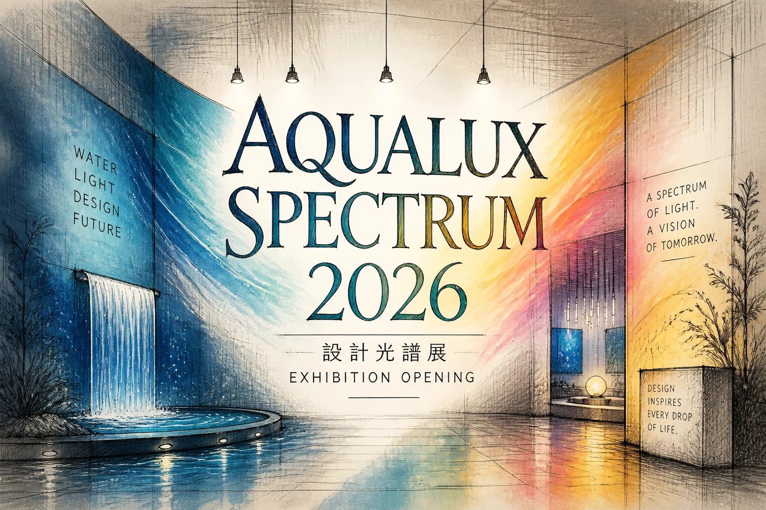 AQUALUX SPECTRUM 2026 — hand-drawn sketch 展場插畫