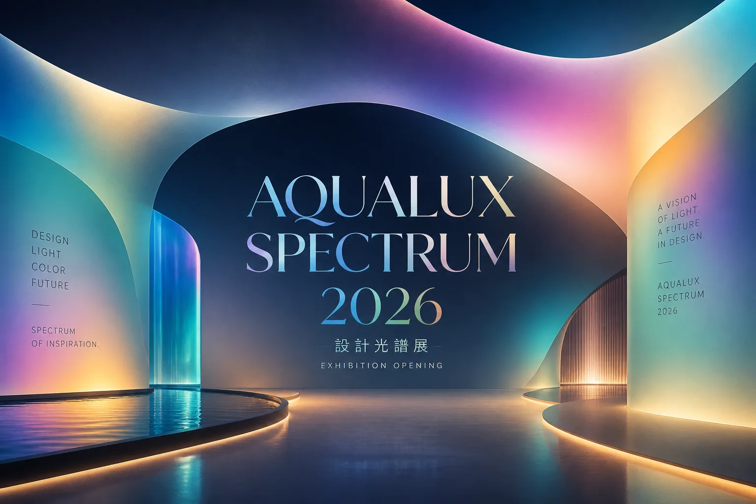 Abstract, flowing gradient mesh background in soft pinks, blues, and purples, representing aqualux design spectrum.