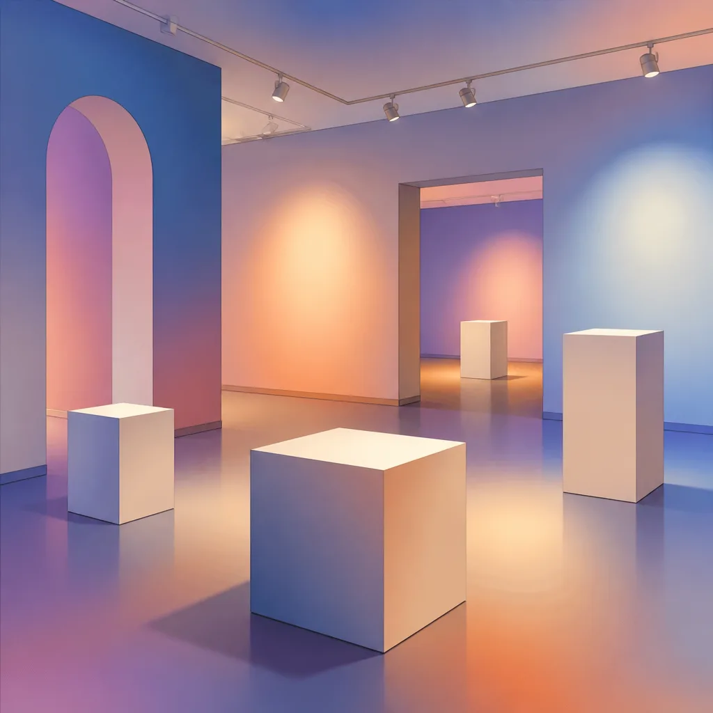 Futuristic gallery interior with translucent shimmering walls and floor, soft diffused lighting, ethereal blues, pinks, and purples.