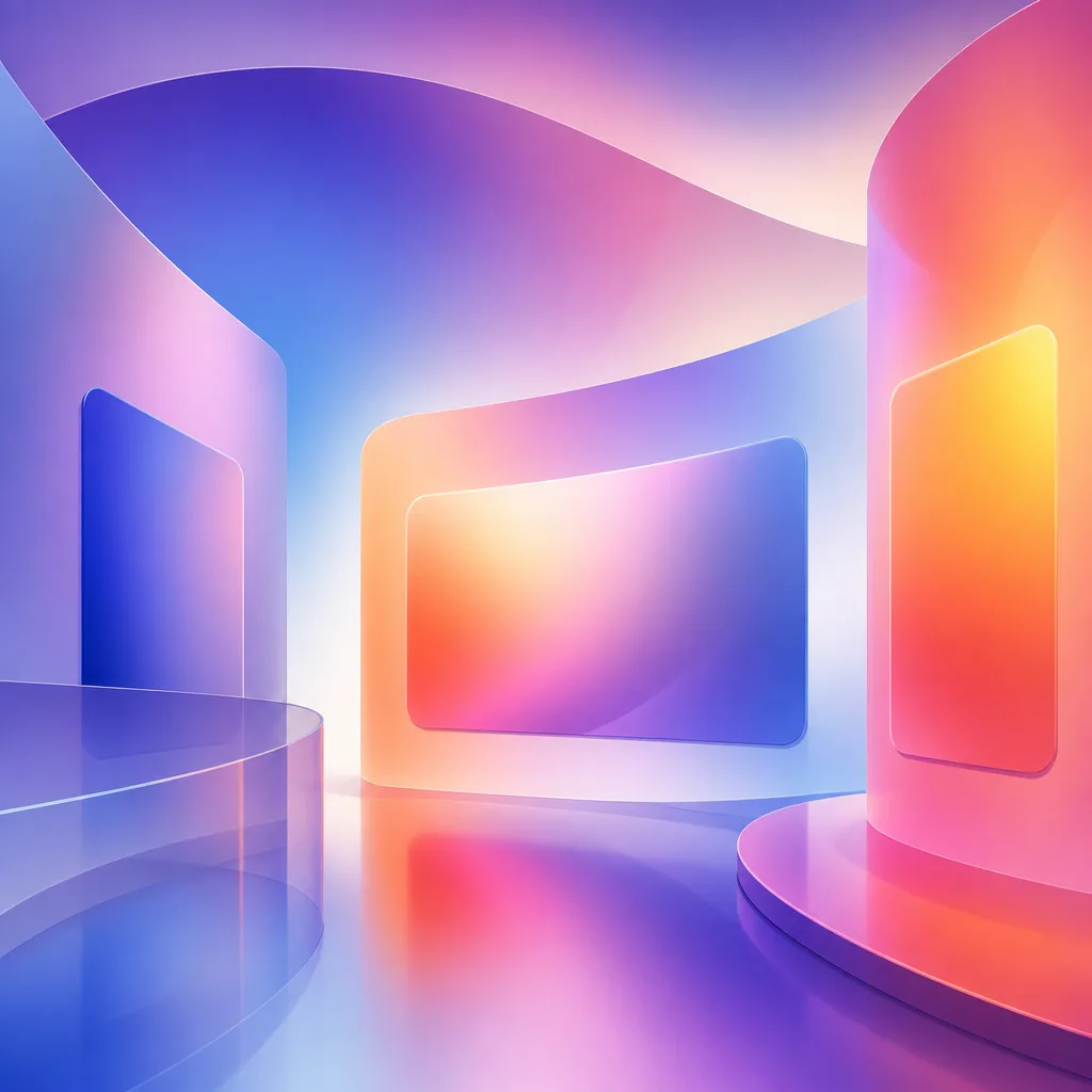 Clean, minimalist gallery with soft white and light blue liquid gradients, representing mainstream frequency.