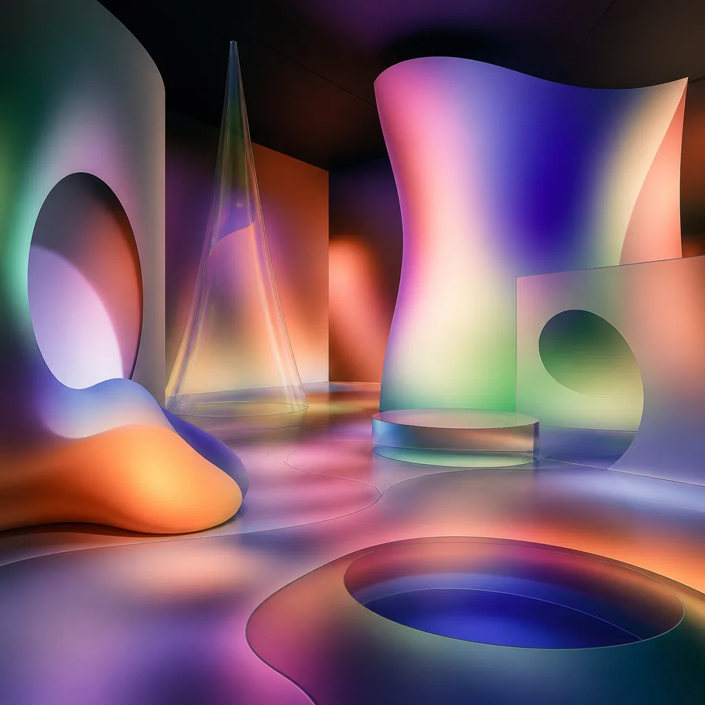 Dark, mysterious lab with glowing purple and cyan abstract forms, blurred effects, representing avant lab.