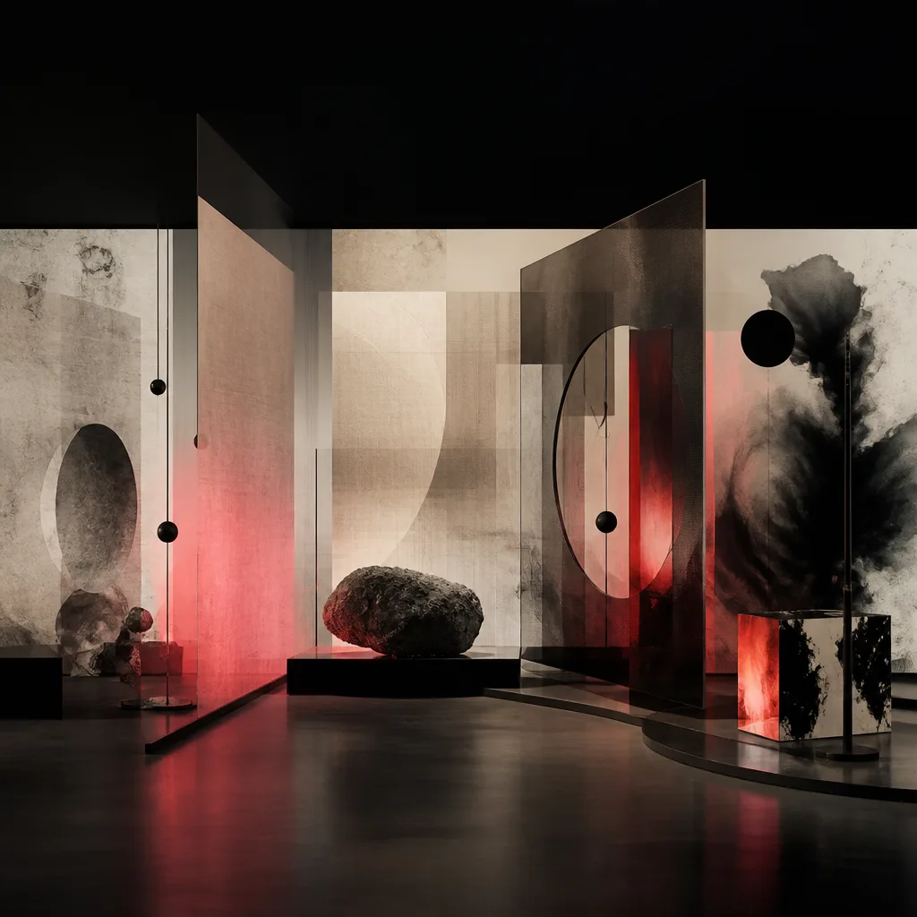 Dynamic, fragmented forms with sharp lines and experimental movement