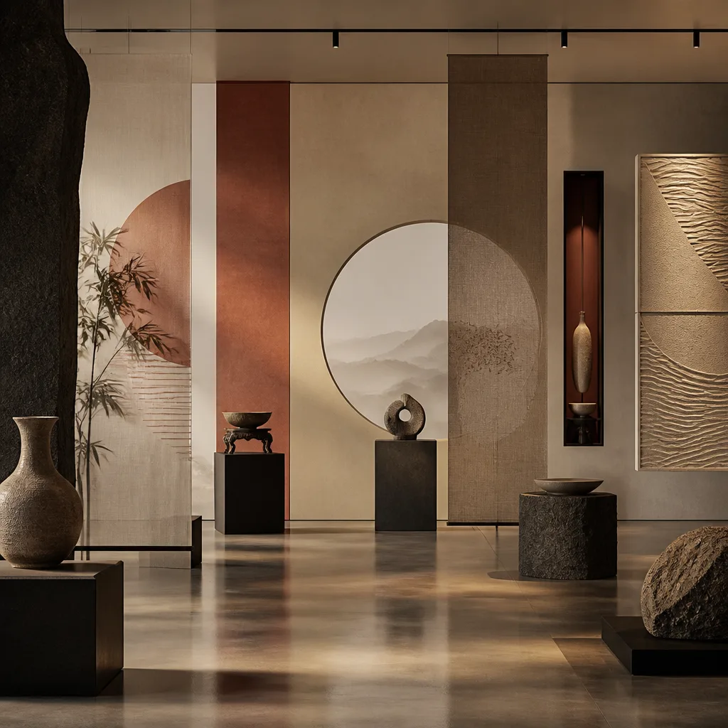 Intersecting patterns and organic shapes with cultural motifs
