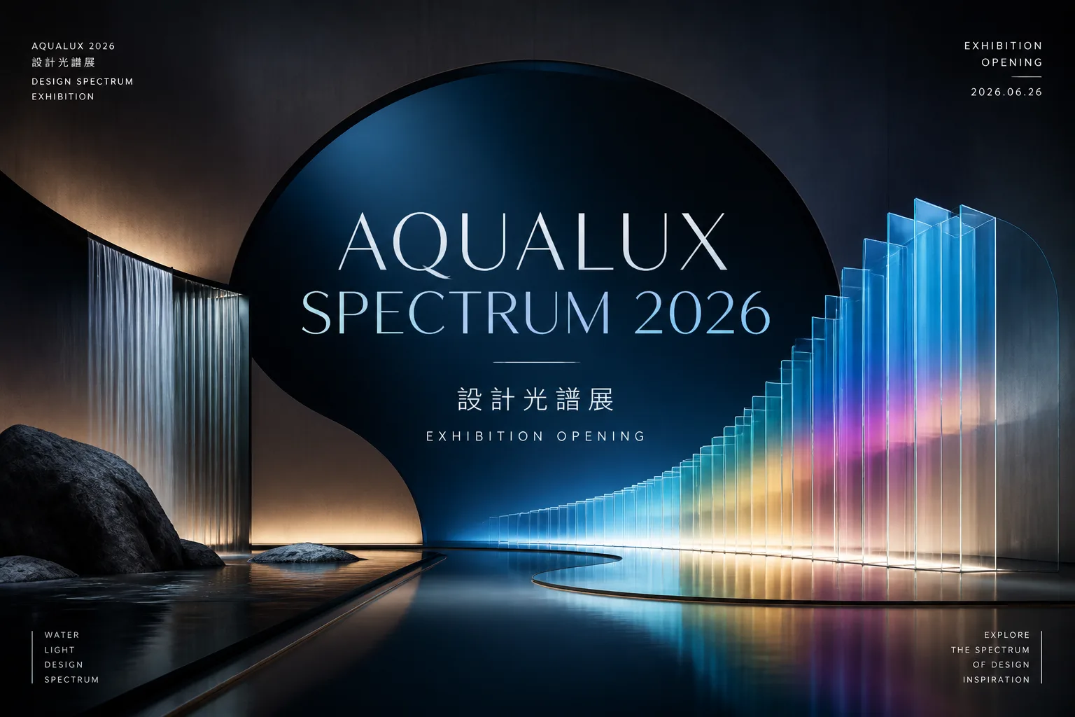 Minimalist exhibition hall with holographic AQUALUX 2026 projection