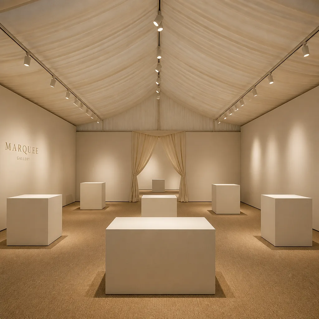 Modern exhibition hall interior with abstract motion graphics on screens, subtle neon green and magenta lighting.