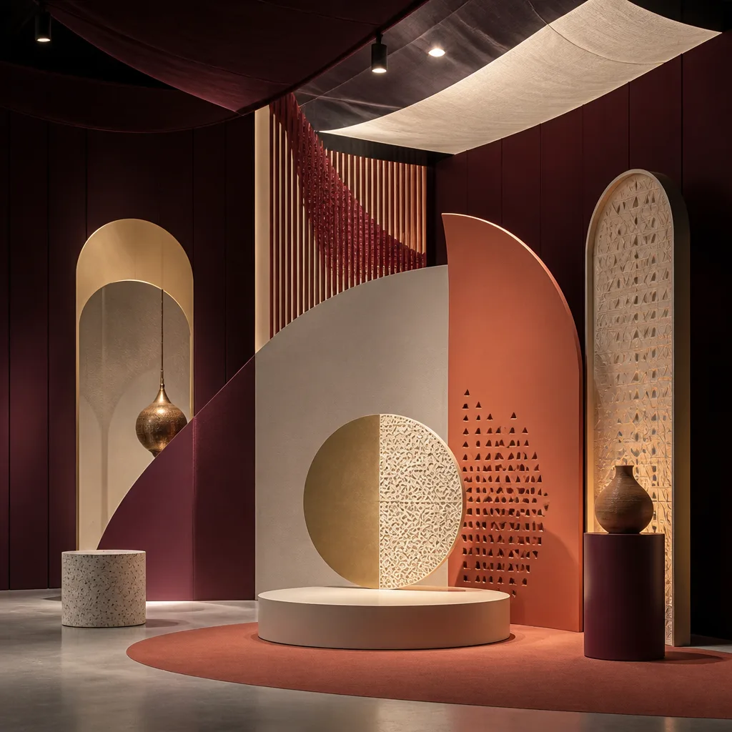 Interweaving light patterns inspired by traditional motifs, vibrant but fluid.