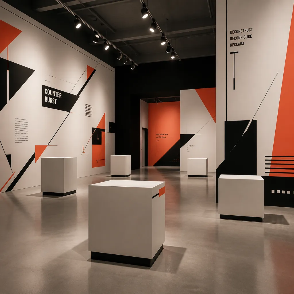 A minimalist exhibition hall interior with glowing data constructs.