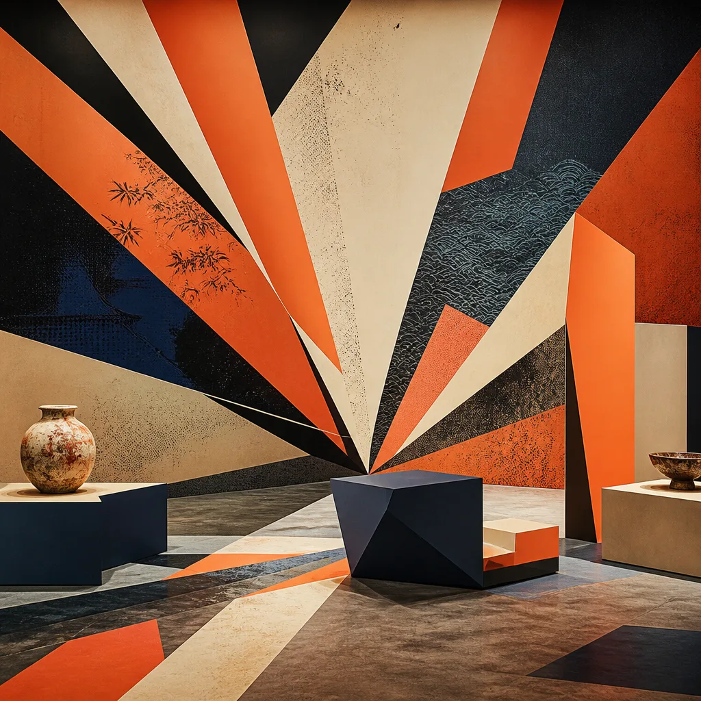 Geometric patterns inspired by cultural motifs with digital overlays.
