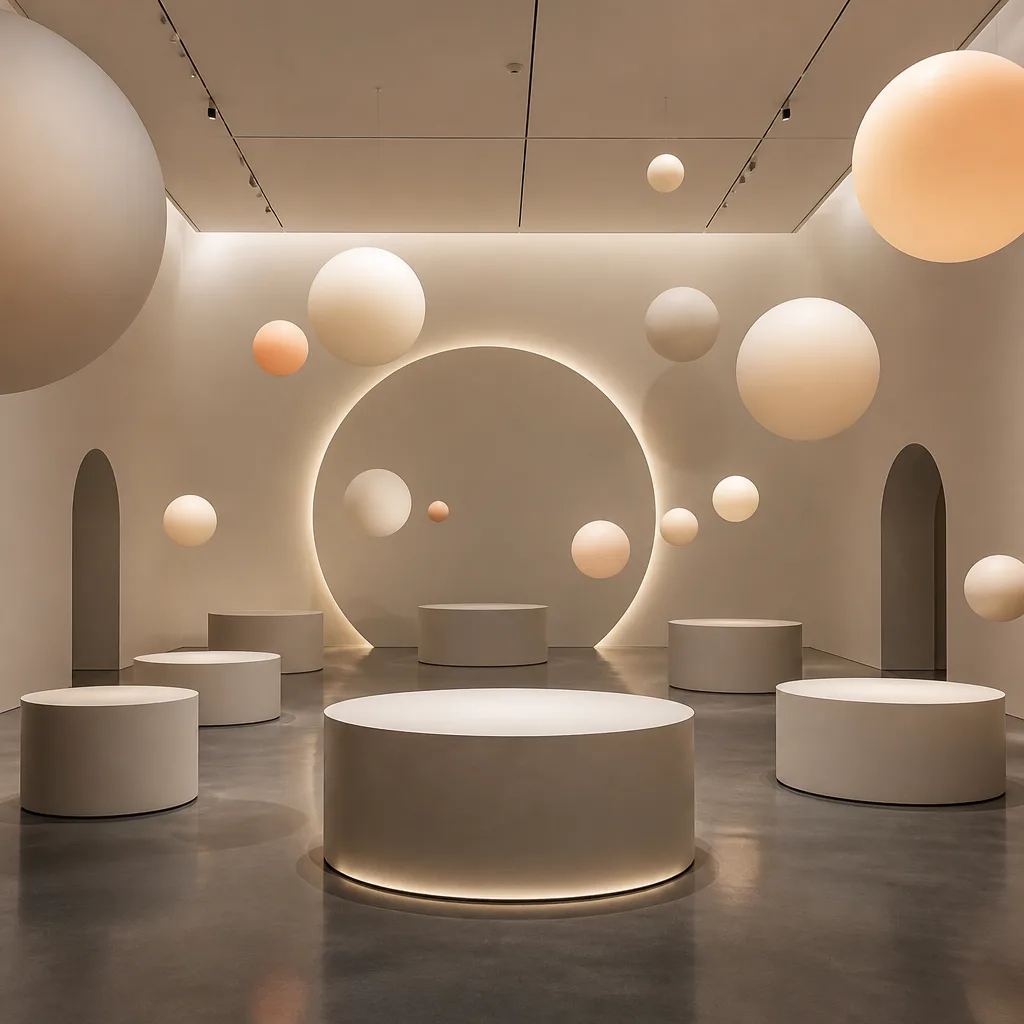 Minimalist futuristic exhibition hall with floating glowing orbs