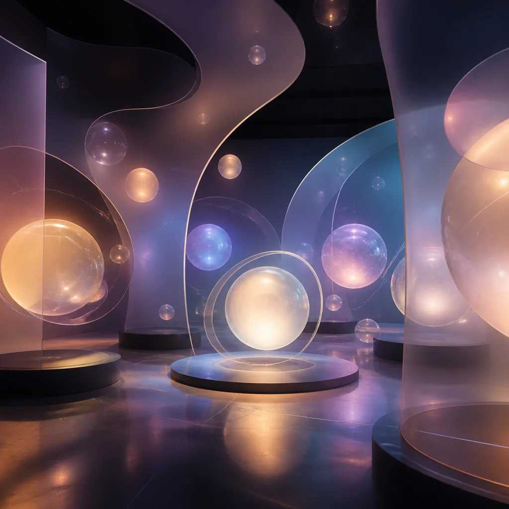 Z05 Motion Hall: multiple orbs in motion, leaving subtle light trails, vibrant fuchsia and electric blue