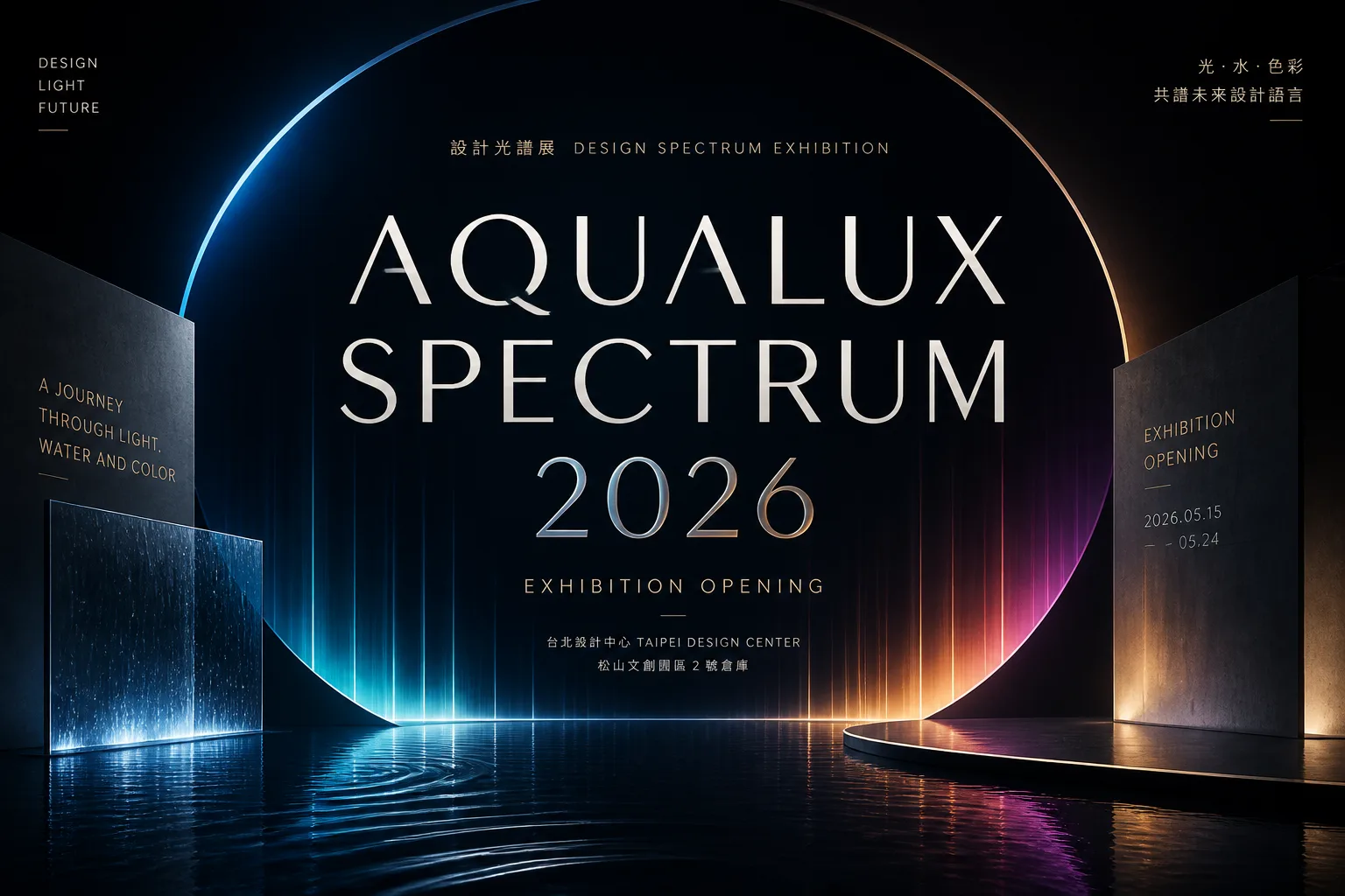 A clean, minimalist exhibition space with a glowing blue abstract sculpture, representing aqualux. Focus on negative space and modern aesthetics.
